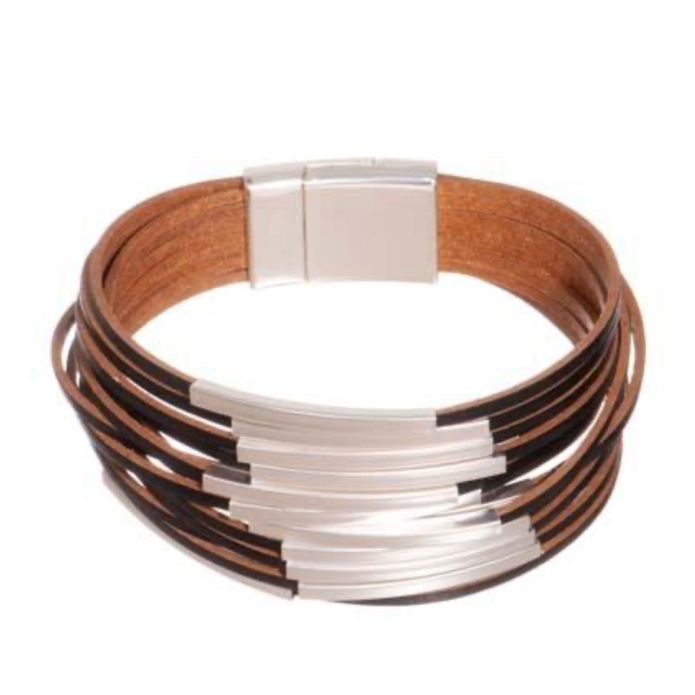 Fireworks 14 STRAND LEATHER BAR BRACELET in SILVER